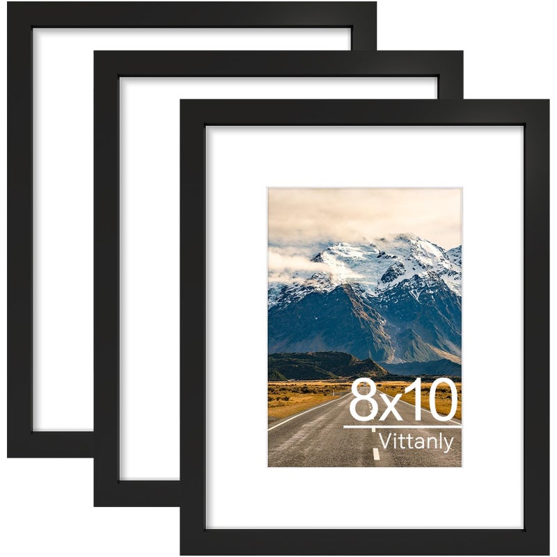 Vittanly 8x10 Picture Frames Set of 3, Display Photo 5x7 with Mat or 8x10 without Mat, Picture Frame for Wall Mount or Tabletop Display, Black - Image 1
